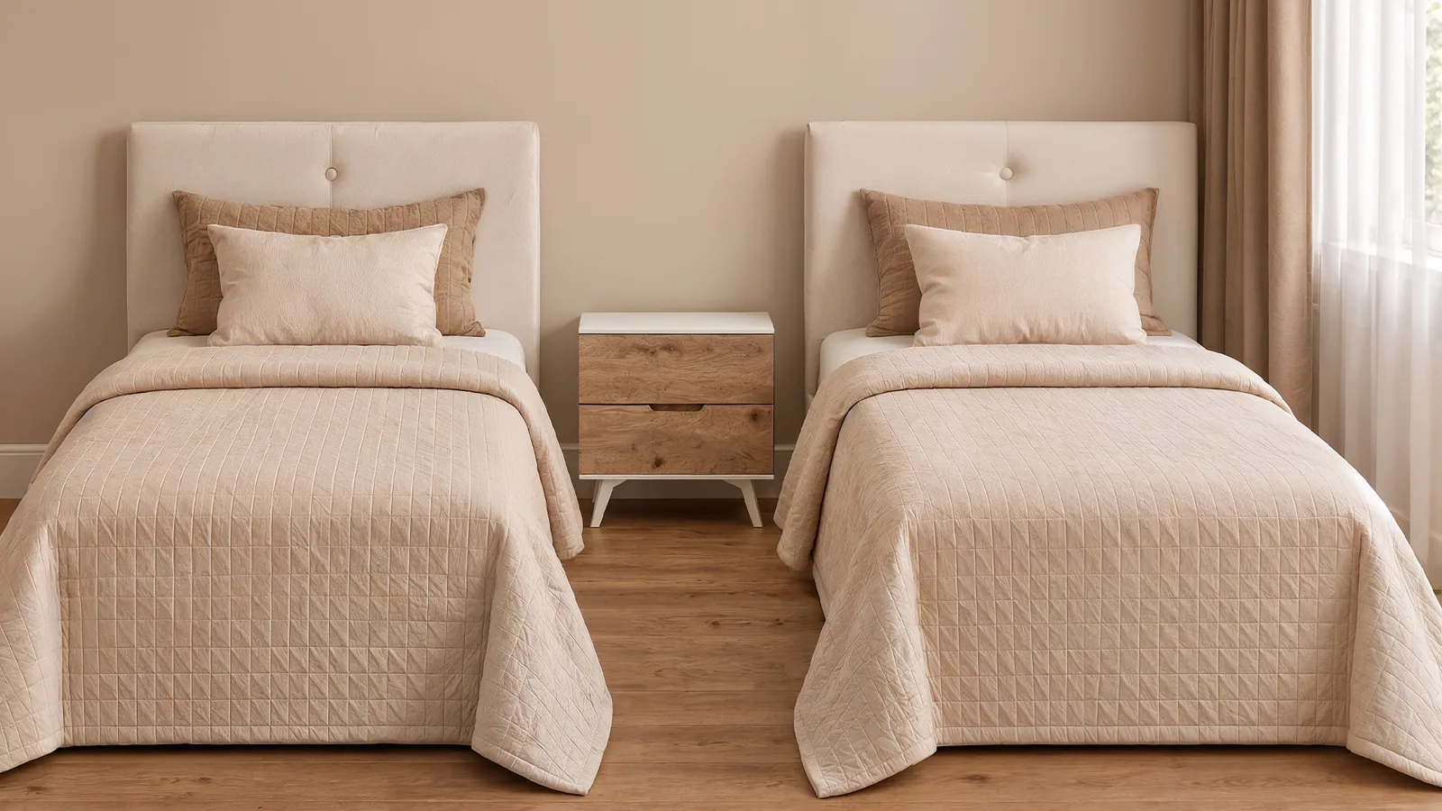 Warm children’s bedroom with two single beds and a bedside table