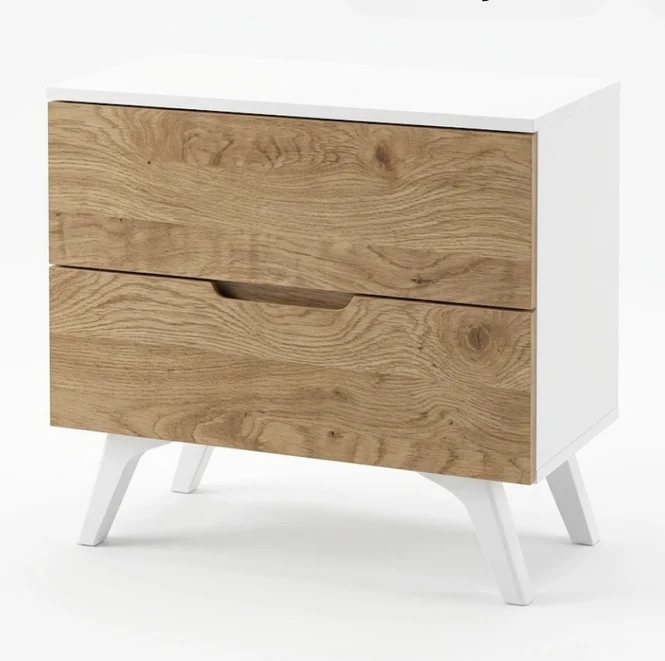 Children’s bedside table with two wood-effect drawers and white legs