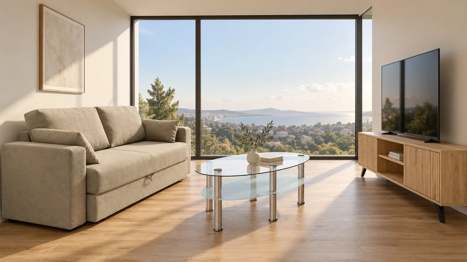 Bright living room with a sofa, glass coffee table, TV stand and sea view