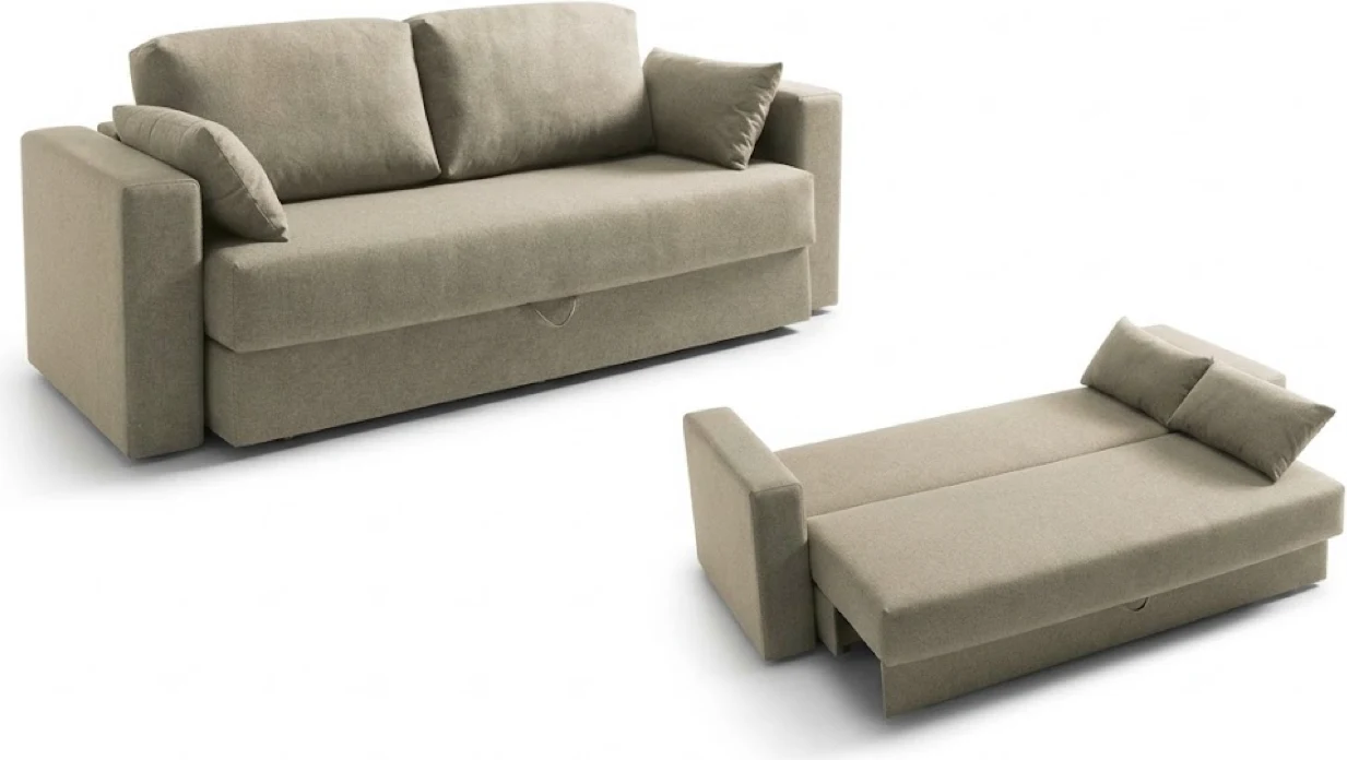 Sofa bed shown as a sofa and unfolded as a bed